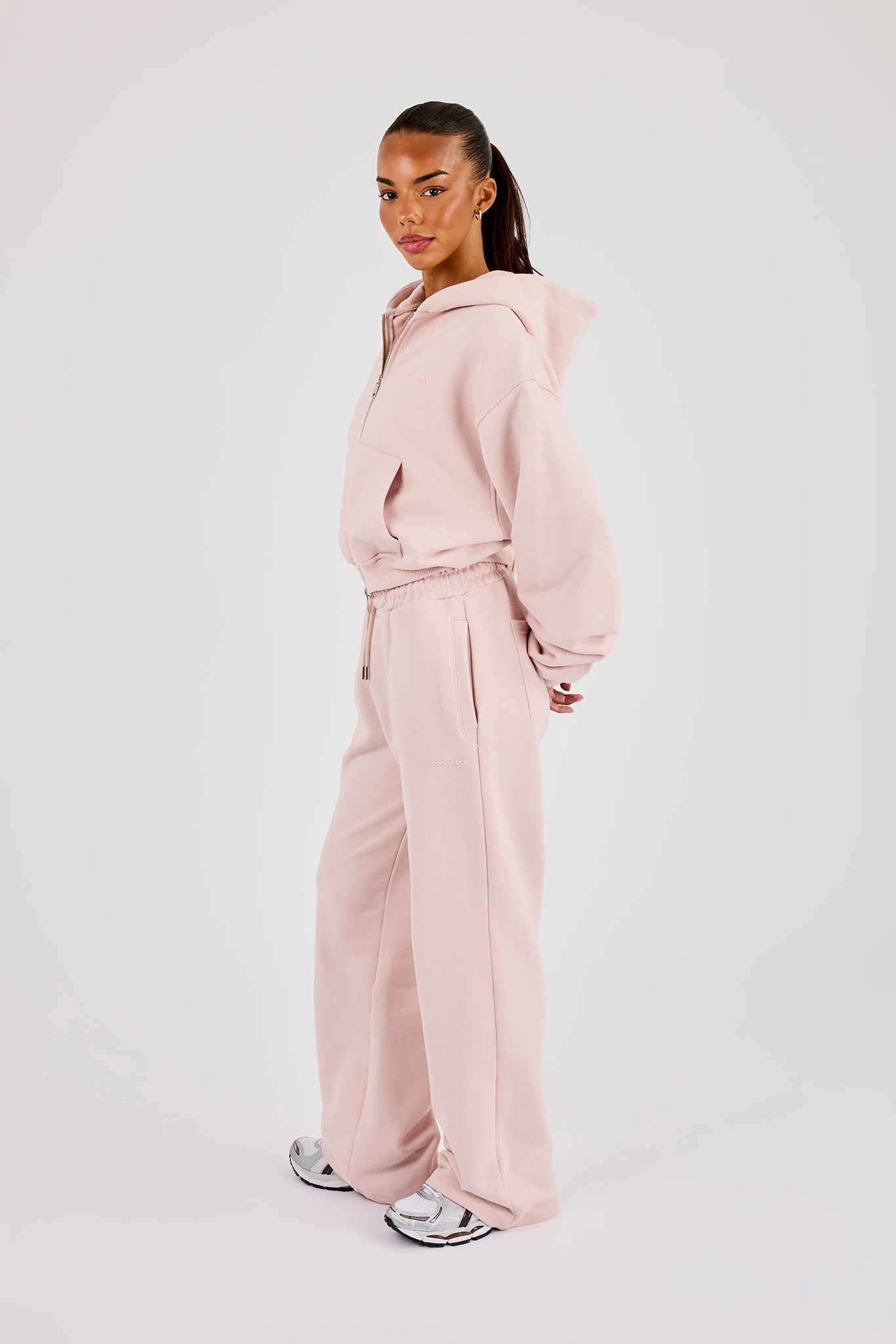 Cernucci Cropped Zip Through Hoodie & Wide Leg Jogger - Dusty Pink